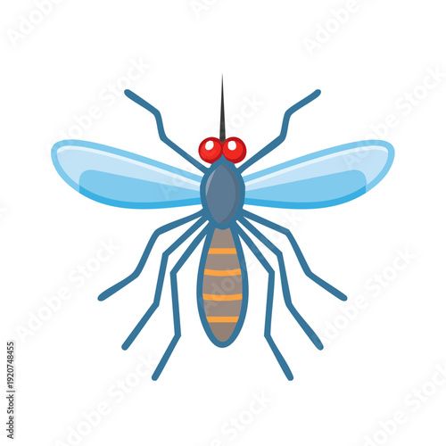 Illustration of a Mosquito with large wings and red eyes. A common carrier of disease, viewed from above