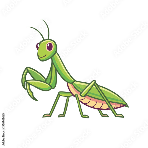 An adorable cartoon illustration of a praying mantis, the insect is bright green with cartoonish eyes.