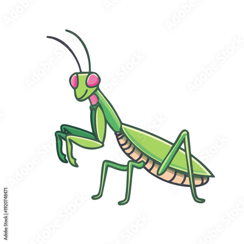 A praying mantis stands with its arms raised. The praying mantis is bright green and has pink eyes