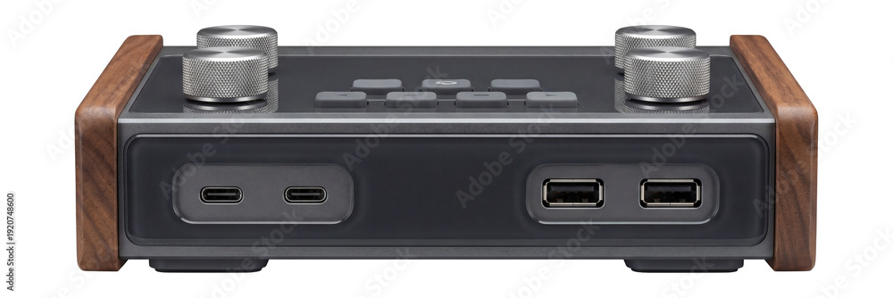 Fototapeta premium Desktop DSP interface with wooden side panels and multiple USB ports