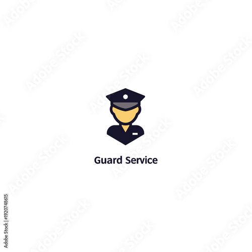 Guard Service fill icon. This single icon depicts a security guard in uniform, featuring a dark blue uniform and cap with a gold badge. Created in a colored style with a blue and gold palette.