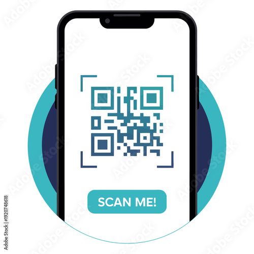 A professional smartphone QR code scan me template for application screenshot presentations, featuring a modern mobile device mockup, digital barcode, and clean white background space.