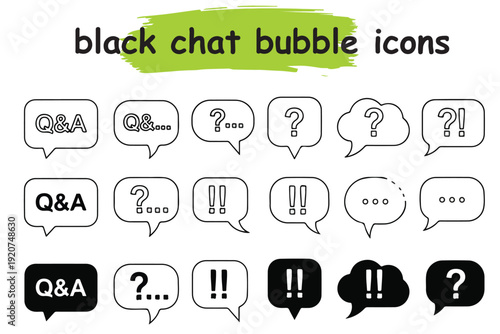 Black Chat Bubble Icons Set with Question Marks, Exclamation Marks, Ellipsis, Q&A, and Typing Indicators