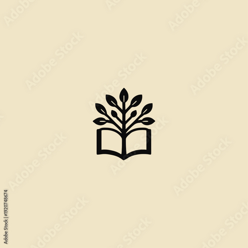 Minimalist vector logo depicting a tree growing from an open book, symbolizing knowledge, growth, and education. The design features clean lines and a simple