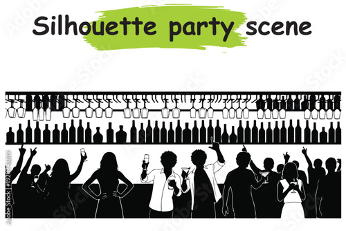 Silhouette Party Scene with Dancing Crowd Raising Arms and Rows of Champagne Bottles