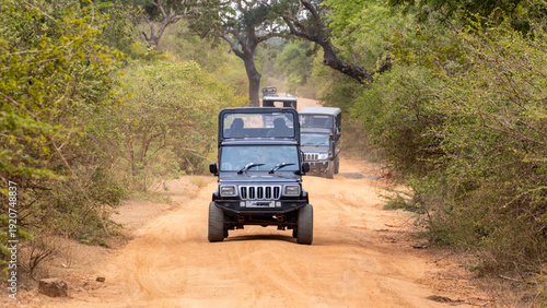 Foto Four wheel off road jeeps riding on the sandy terrain at Yala National park, Sri