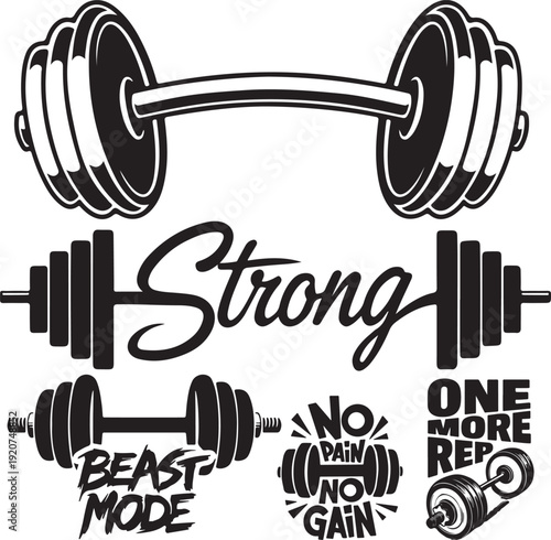 Dumbbell strength training motivation poster with bold typography and fitness slogans for gym workout success