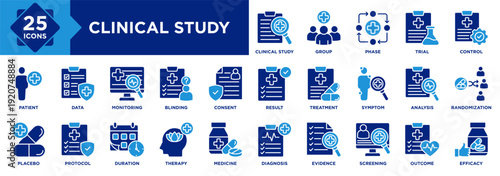 Clinical study icon set collection. an icon pack contain trial, patient, placebo, control, protocol, data, group, phase, result