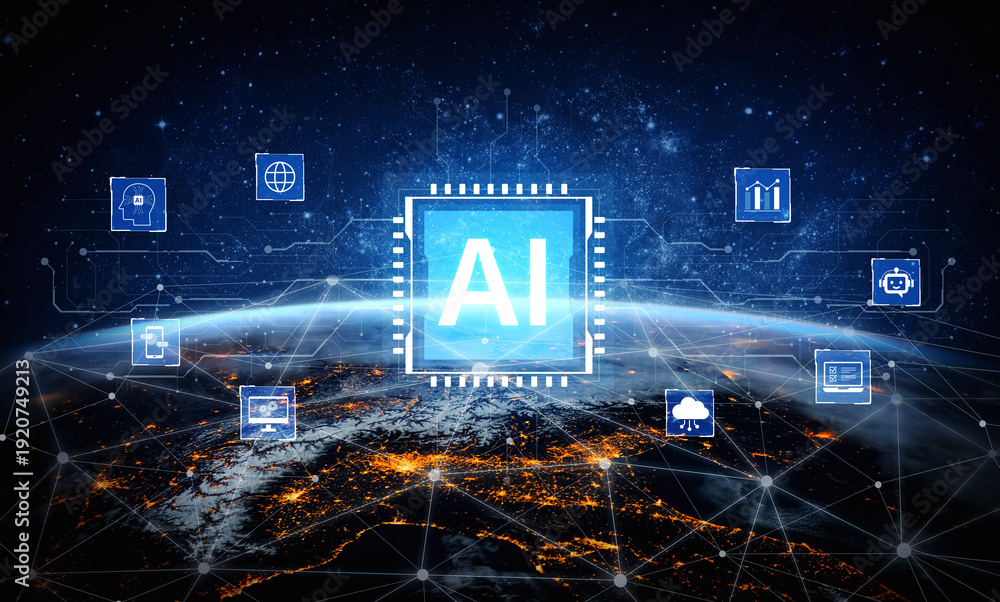 Obraz premium Centralized AI microchip on futuristic circuit board. AI process cloud computing, data analytics, and smart AI automation. Concept for hardware brain and AI core artificial intelligence. Corpus