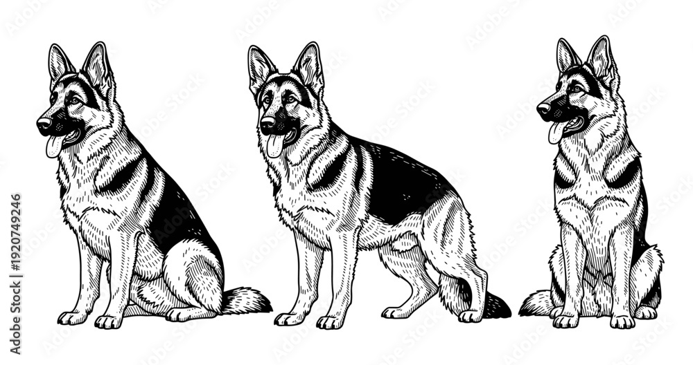 Fototapeta premium Trio of german shepherds in various poses - black and white illustration
