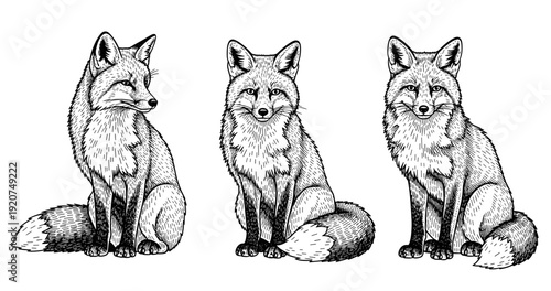 Detailed black and white illustrations of three sitting foxes with fluffy tails