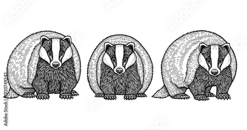 Three european badgers: detailed black and white illustration of wildlife animals