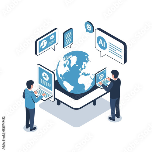 Global AI technology and human interaction illustration.