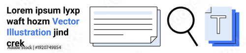 Information search, data analysis, digital libraries, file management, text review, online archives. magnifying glass, text and file stack. Information search and data analysis concept