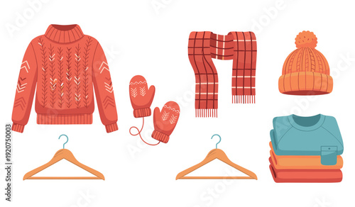 Cozy winter wardrobe: sweater, scarf, mittens, hat, and folded clothes
