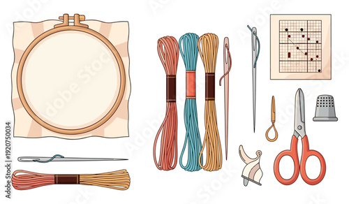 Embroidery tools: needle, thread, scissors, and hoop set for crafting