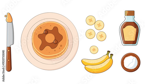 Banana pancakes with syrup and coconut ingredients