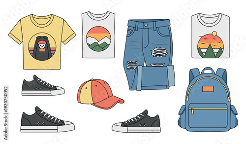 Casual outfit with graphic tees jeans sneakers backpack and cap