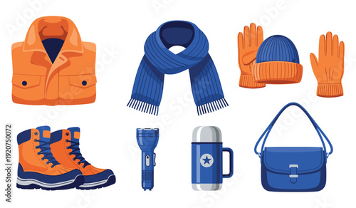 Set of winter accessories: scarf, hat, gloves, jacket, boots, flashlight, thermos, bag