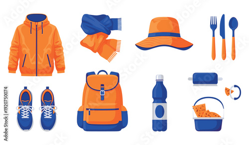 Collection of outdoor gear and accessories for hiking and picnics