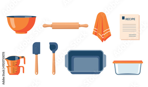 Kitchen utensils: bowl, rolling pin, measuring cups, spatula, baking pan, recipe