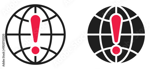 World warning error icon, vector illustration of a globe with an alert or exclamation mark, representing global issues, system errors, network problems, or international warnings for digital and 