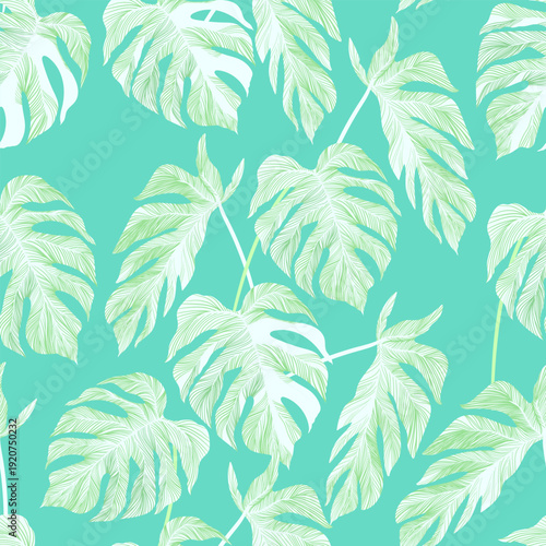 Jungle vector pattern with tropical leaves. Trendy summer print. Exotic seamless background.	