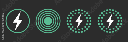 Professional green wireless charging and battery energy icon set featuring lightning bolt symbols, circular induction waves, and power status indicators for modern mobile user interface designs.
