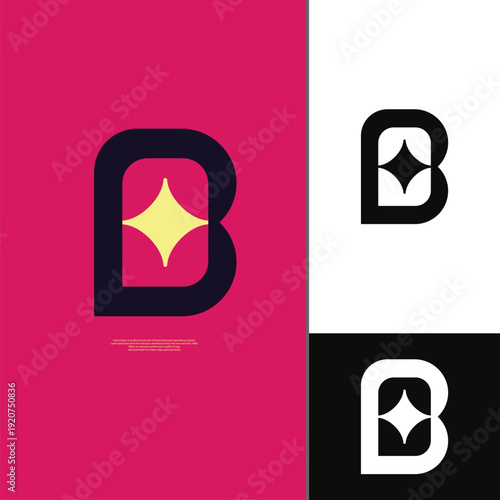  Modern letter B logo combined with a star-shaped element placed at the center, creating a bold and eye-catching visual identity.