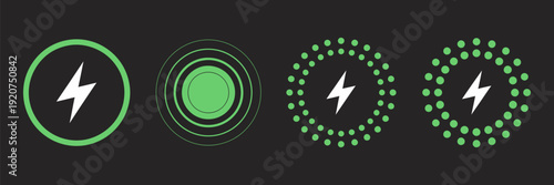 Professional green wireless charging and battery energy icon set featuring lightning bolt symbols, circular induction waves, and power status indicators for modern mobile user interface designs.