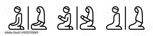 Islamic prayer room symbols showing praying figures in kneeling posture. Black and white outline vector icons designed for mosque interiors, public prayer areas and informational graphics.