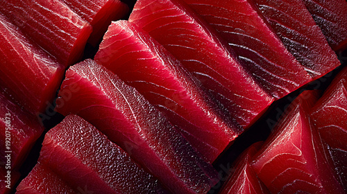 Fresh slices of red tuna sashimi arranged neatly on a dark surface, showcasing the texture and color of the fish in a culinary presentation