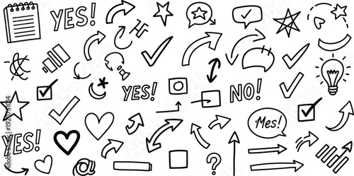 Black and white doodle with arrows hearts stars and checkmarks on white background