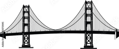 Black and white line of the Golden Gate Bridge with suspension cables and towers line Golden Gate Bridge