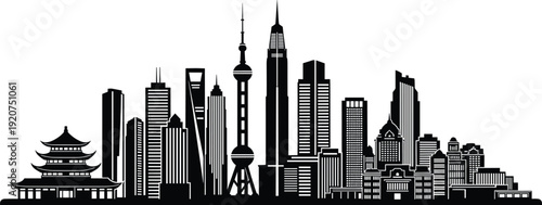 Black and white of Shanghai skyline with traditional Chinese temple cityscape