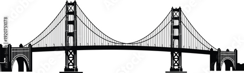 Black and white of the Golden Gate Bridge with supporting towers and cables suspension bridge