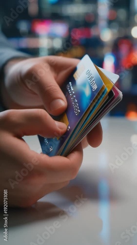 Hands holding multiple credit cards.