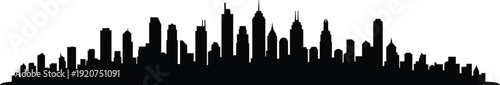 Black and white silhouette of a city skyline with tall buildings and skyscrapers