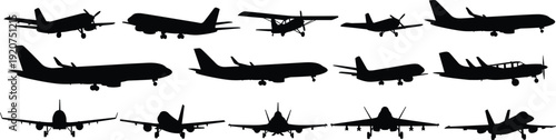 Collection of black silhouette aircraft and planes in various shapes and sizes silhouettes aviation