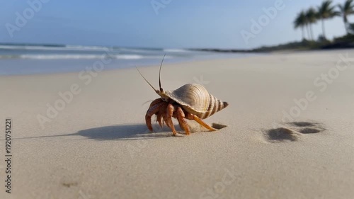 Hermit crab on sandy beach shore.