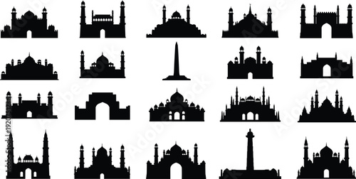 Collection of black silhouette of various architectural landmarks and monuments architecture