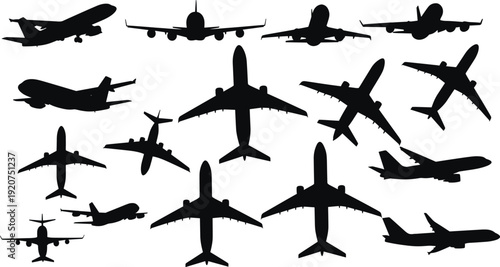 Collection of black silhouette airplanes in various orientations and styles white background