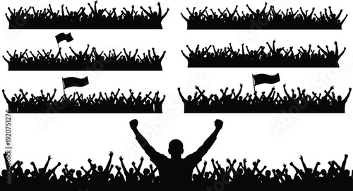 Crowd of Silhouetted People Celebrating with Raised Arms and Flags silhouettes celebration 1