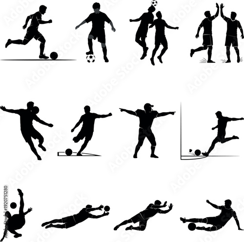 Silhouette illustrations of soccer players in various actions