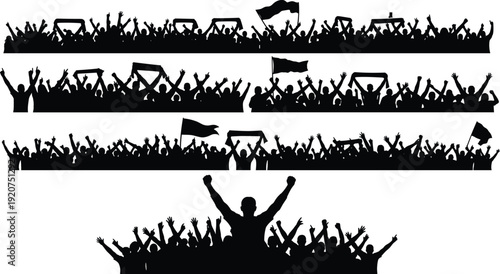 Crowd of Silhouetted People Celebrating with Raised Arms and Flags silhouettes celebration