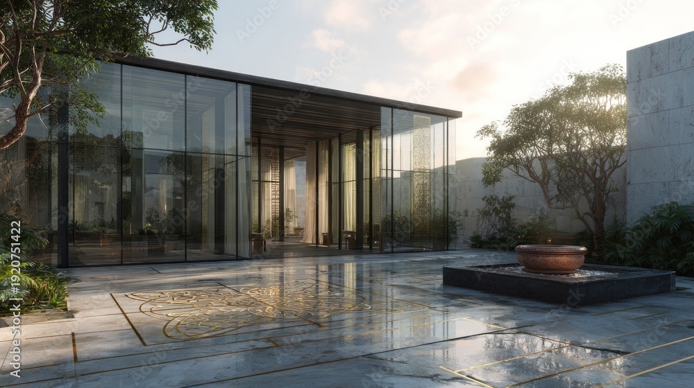 Naklejka premium Modern glass building with a reflective pool