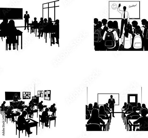 Black and white collage of classroom scenes with students and teachers