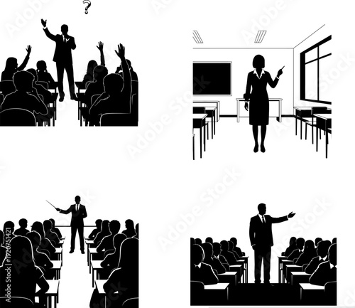 Silhouette illustrations of a teacher and students in a classroom setting