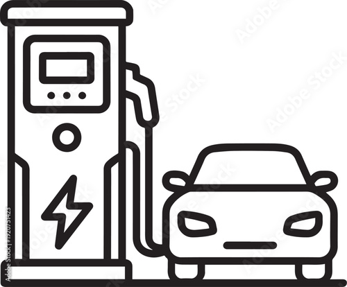 
Electric Vehicle Charging Station and Car Repair Tools Line Art Icon Illustration Set