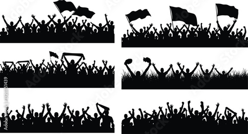 Silhouettes of Crowds Cheering and Waving Flags in Black and White
